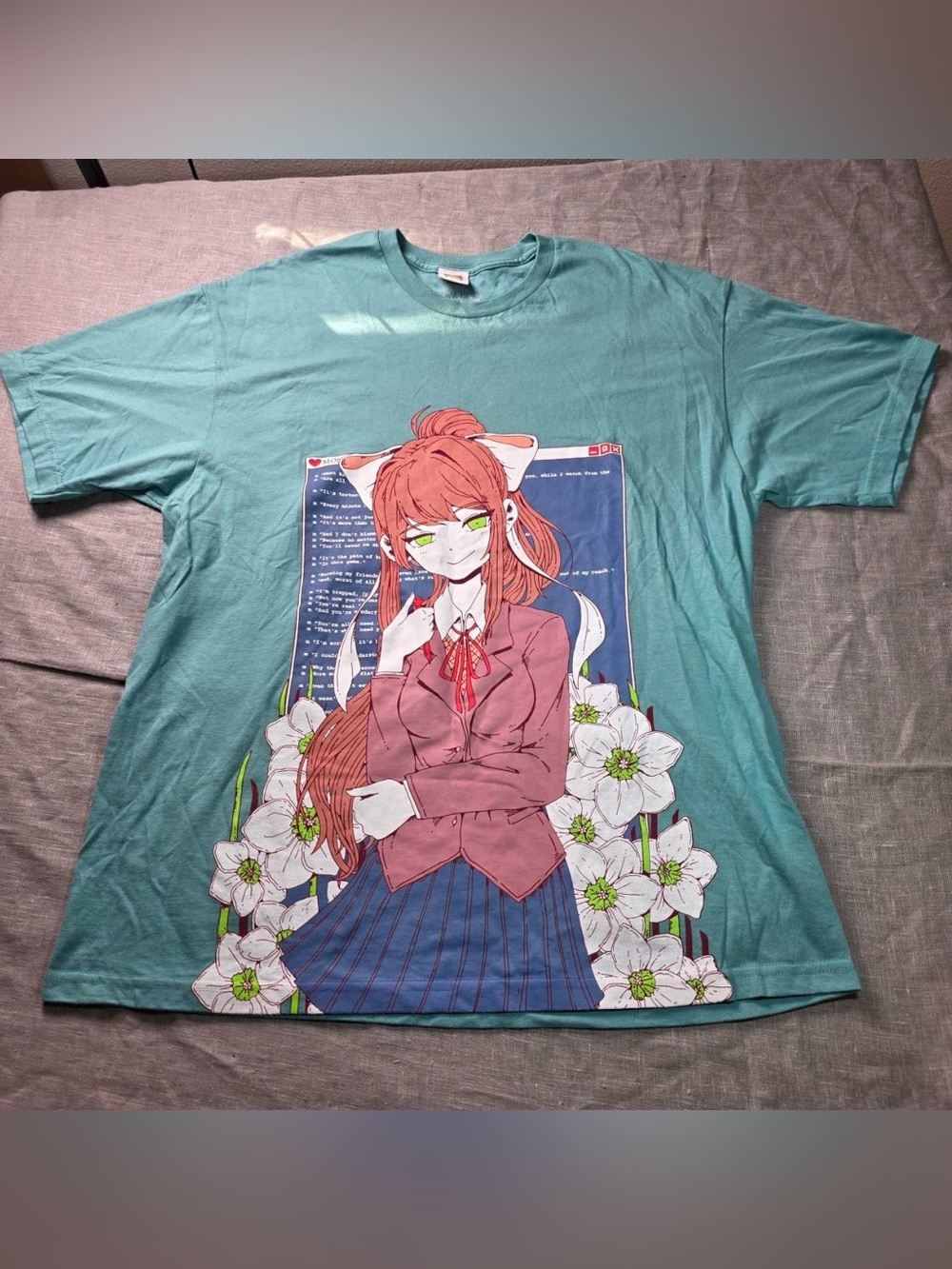 Doki Doki Literature Club Monika T-Shirt Omocat Mens XL Teal Green Graphic Tee